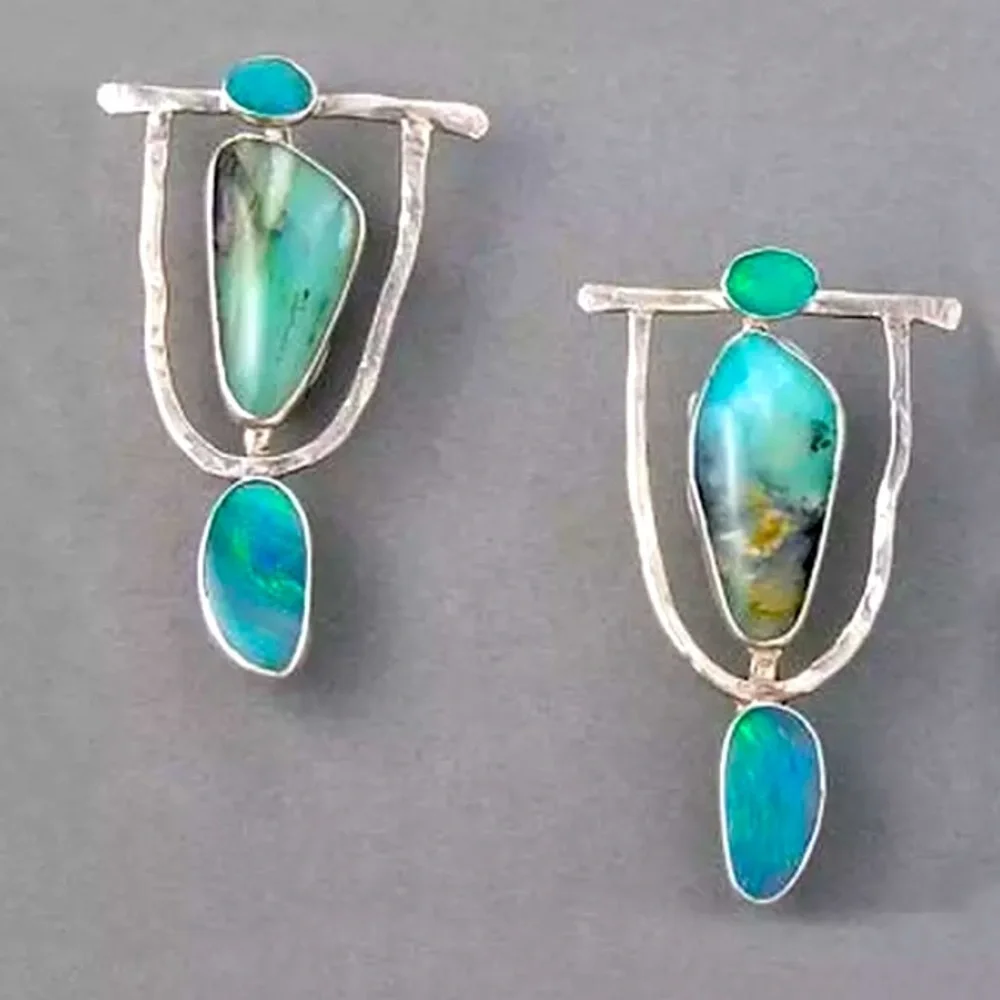 Silver Turquoise Drop Earrings - Blue-Green Stones